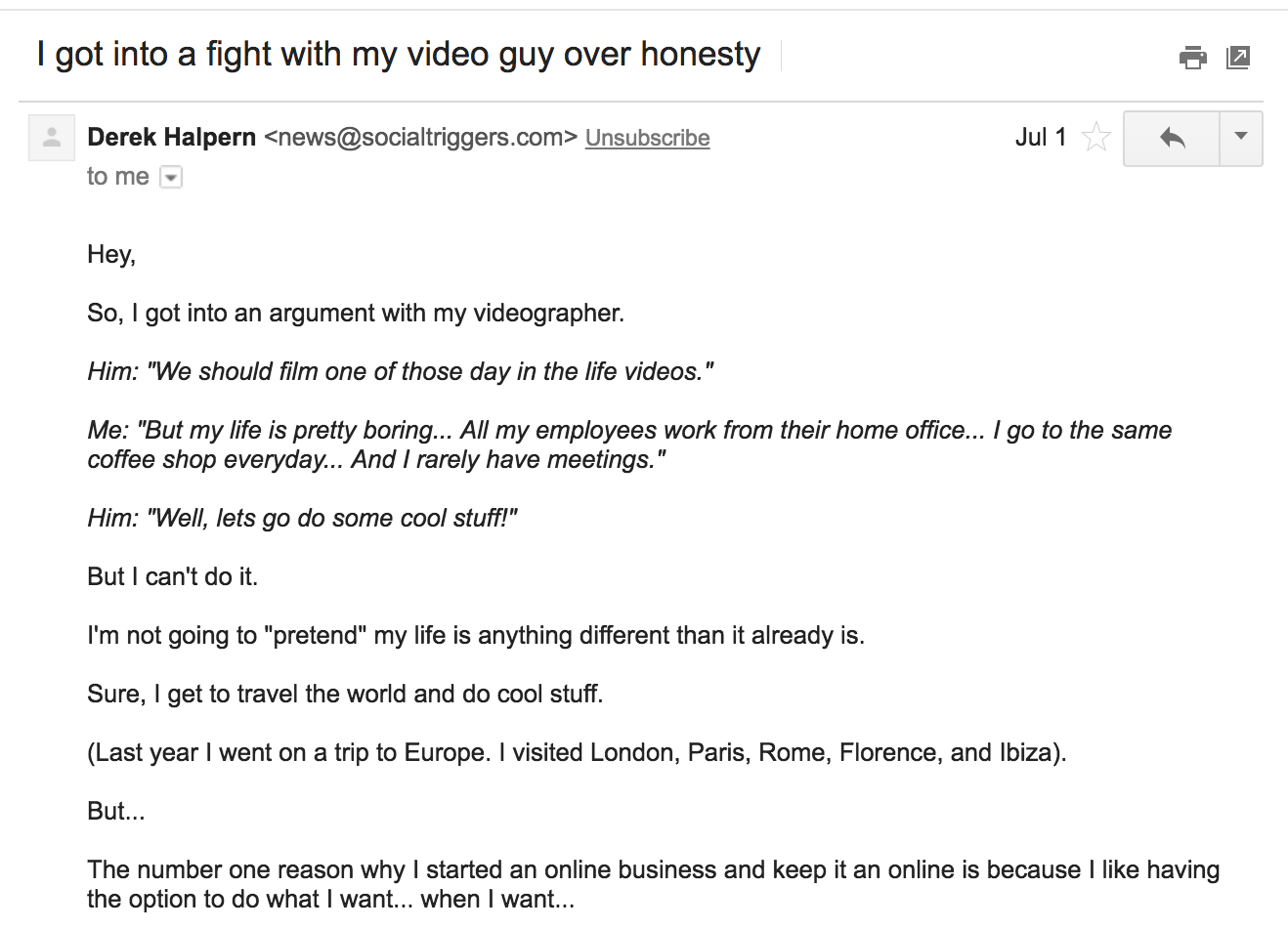 Screenshot of email about fight with my videographer