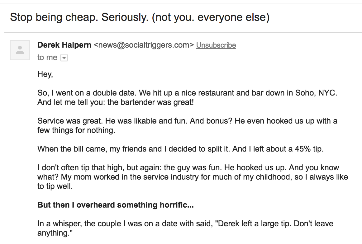 Screenshot of email about cheap people