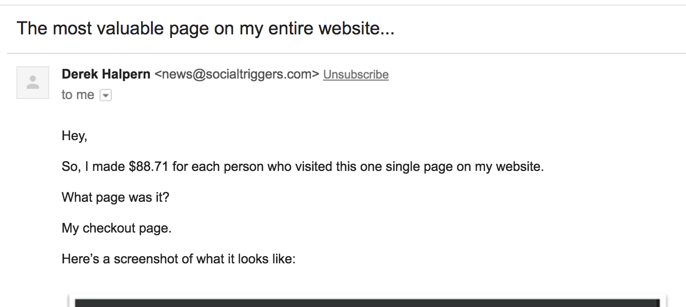 screenshot of most valuable page email