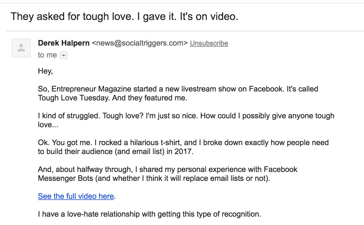 Screenshot of email tough love email