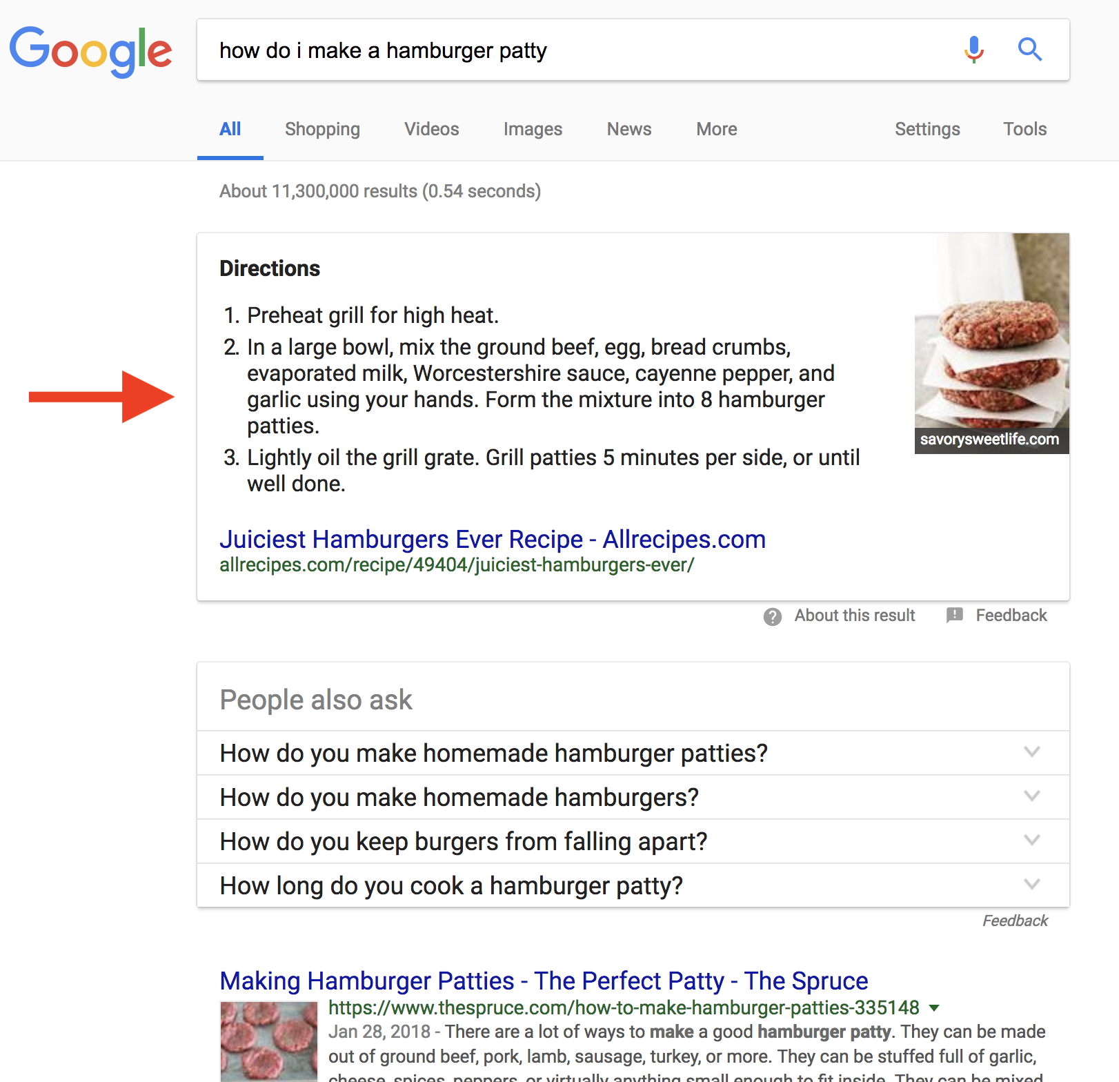 screenshot voice search how do I make a hamburger patty featured snippet