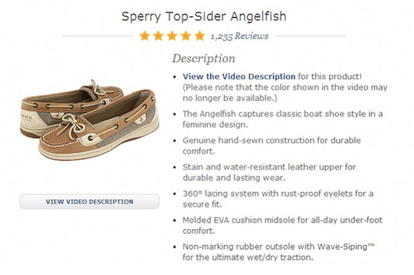 Shoe product description of how Features tell. Benefits sell.