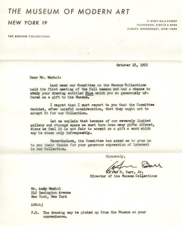 andy warhol moma rejection letter